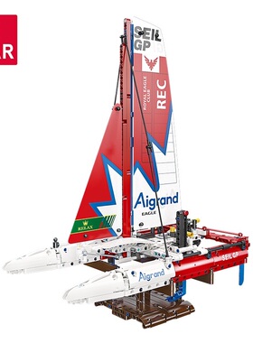 杰星58124新款F50水翼双体帆船带支架DIY拼装模型男孩小颗粒积木