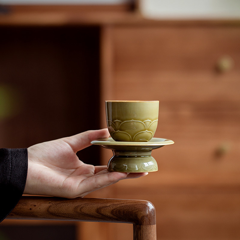 越窑秘色陶瓷彷宋茶杯中式覆古莲花茶盏品茗杯家用主人杯单杯个人