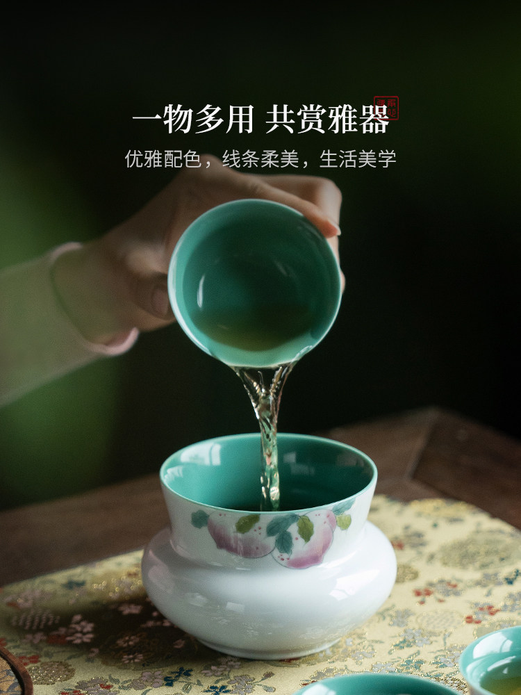 拓土松石绿陶瓷茶洗水孟纯手绘粉彩寿桃圆口建水茶渣桶储水杯洗小