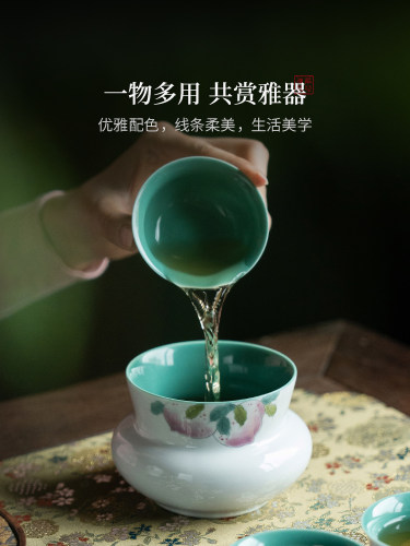 拓土松石绿陶瓷茶洗水孟纯手绘粉彩寿桃圆口建水茶渣桶储水杯洗小