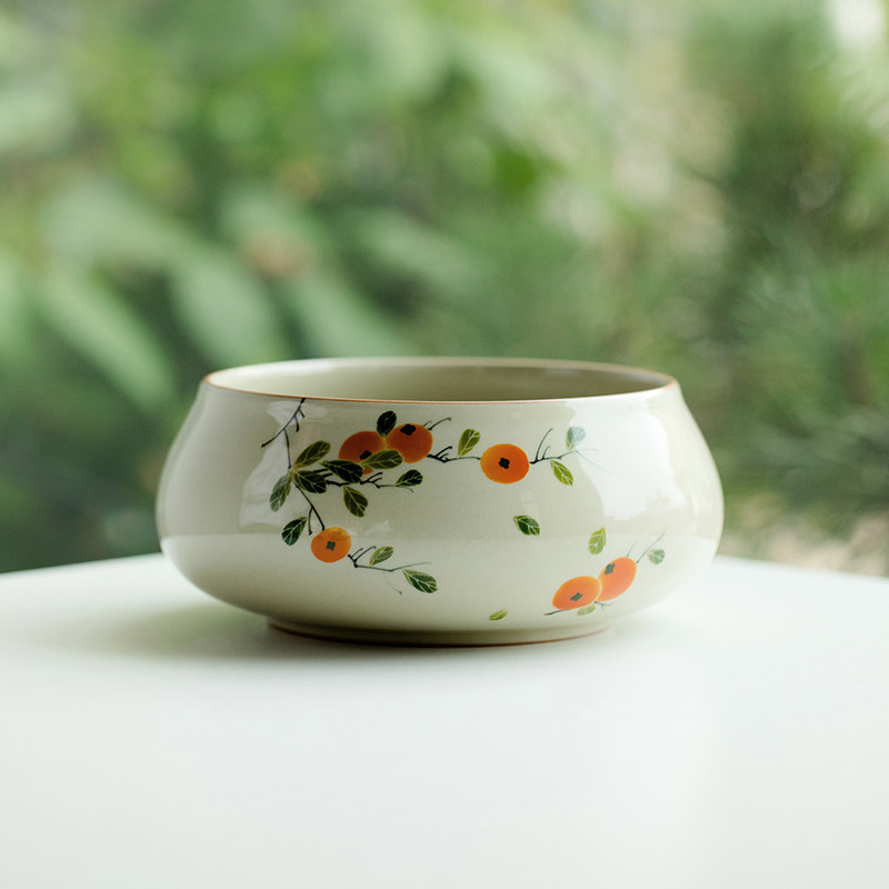 拓土纯手绘柿子茶洗茶渣缸大号水盂笔洗功夫茶具家用陶瓷杯洗中式