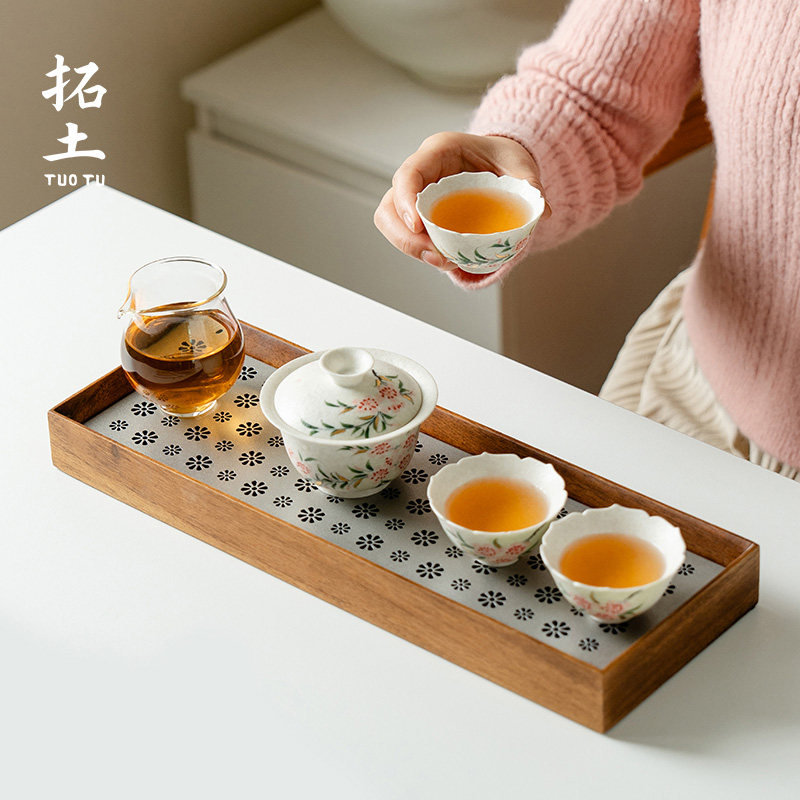 拓土陶瓷功夫茶具套装家用盖碗手绘桃花泡茶碗茶杯带茶盘整套茶具