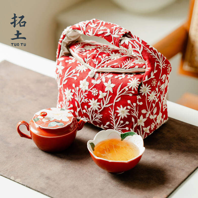 拓土高档茶壶旅行功夫茶具套组中式蝶伴牡丹可携式出行织锦收纳袋
