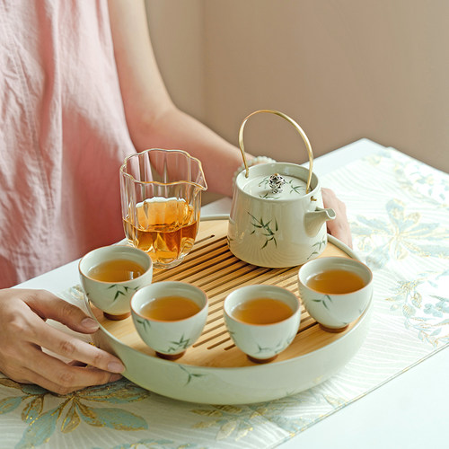 拓土提梁壶功夫茶具套组整套家用手绘陶瓷筱竹茶壶茶杯茶盘礼盒装