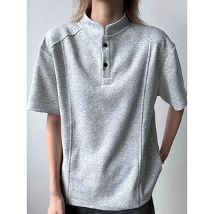 灰色亨利领短袖polo衫男款夏季拼接解构立领T恤重磅正肩拼接半袖