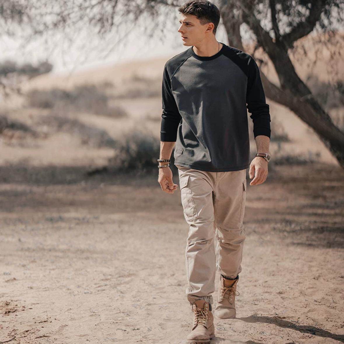 爆款250g重磅纯棉螺纹袖长袖圆领男潮牌拼色插肩打底衫T恤女