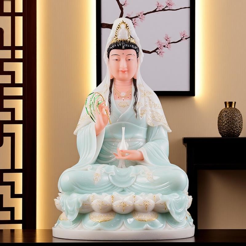 汉白玉观音菩萨家用供奉观音佛像云莲笑眼观音天清色观世音菩萨