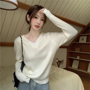 设计感纽扣v领假两件纯欲针织衫女秋冬in宽松慵懒风别致打底毛衣