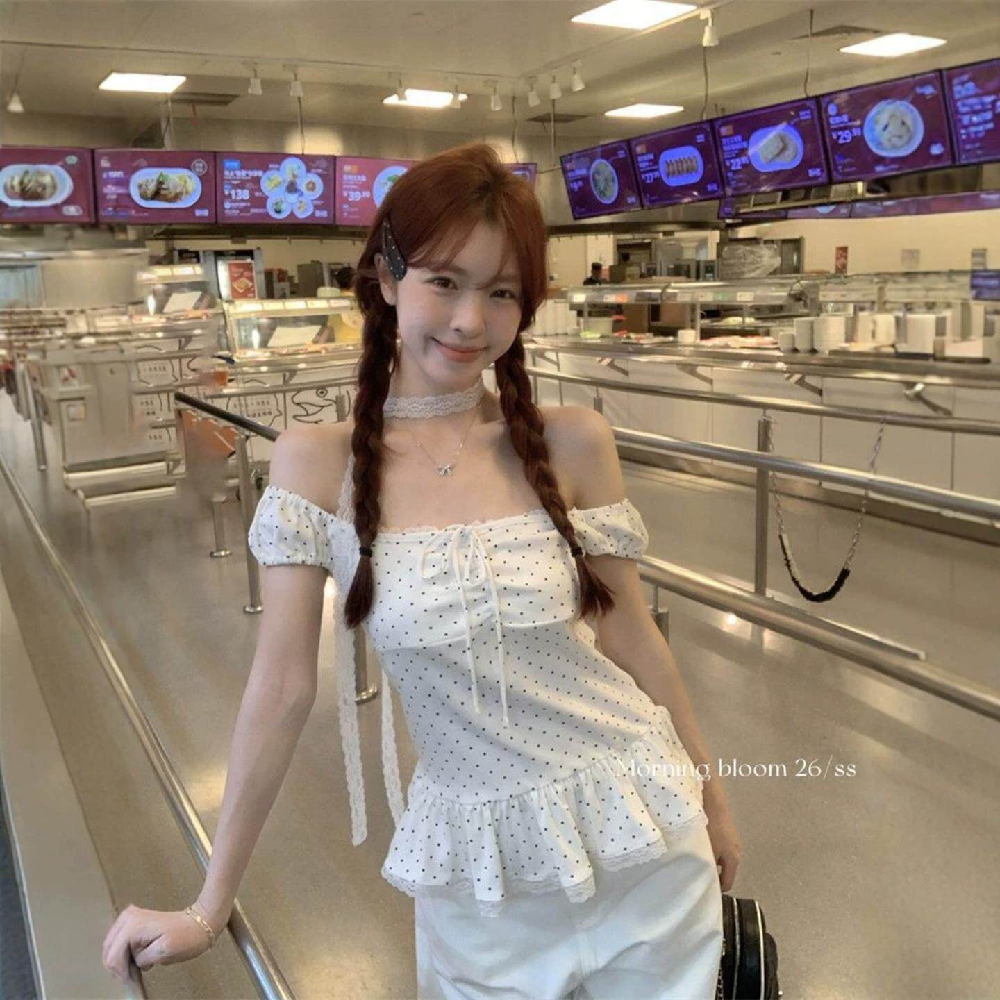 韩版纯欲波点背心女夏季蕾丝花边T恤绑带收腰荷叶边显瘦袖上衣