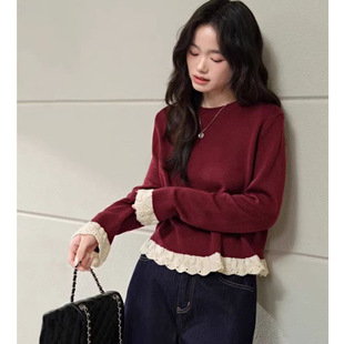 红色假两件拼接毛衣女秋季新款镂空花边针织衫设计感打底上衣