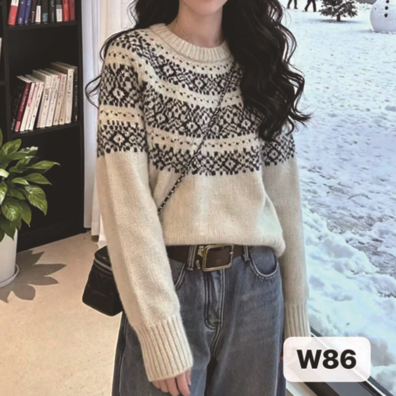 韩系复古圆领提花套头毛衣女装冬季慵懒风撞色宽松百搭针织衫上衣,女装/女士精品,毛针织衫,淘宝优惠券,粉丝福利购,淘宝优惠卷