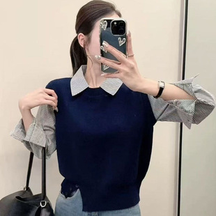 高级感假两件马甲拼接衬衣领下摆开扣长袖上衣女装气质毛衣针织衫