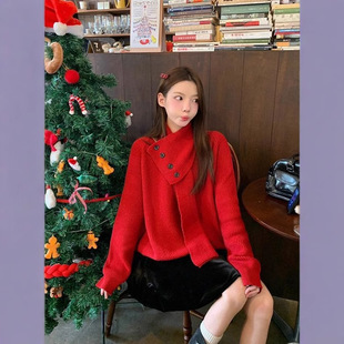 新年过年战袍红色毛衣女秋冬季韩系慵懒高级感长袖内搭针织衫上衣