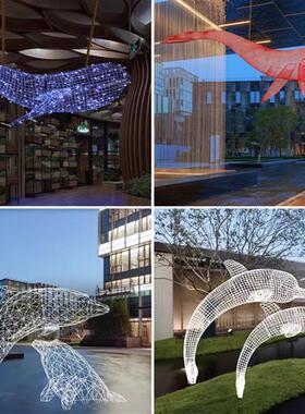 不锈钢镂空海豚雕塑户外售楼部水池水景大型抽象鲸鱼悬挂装饰摆件