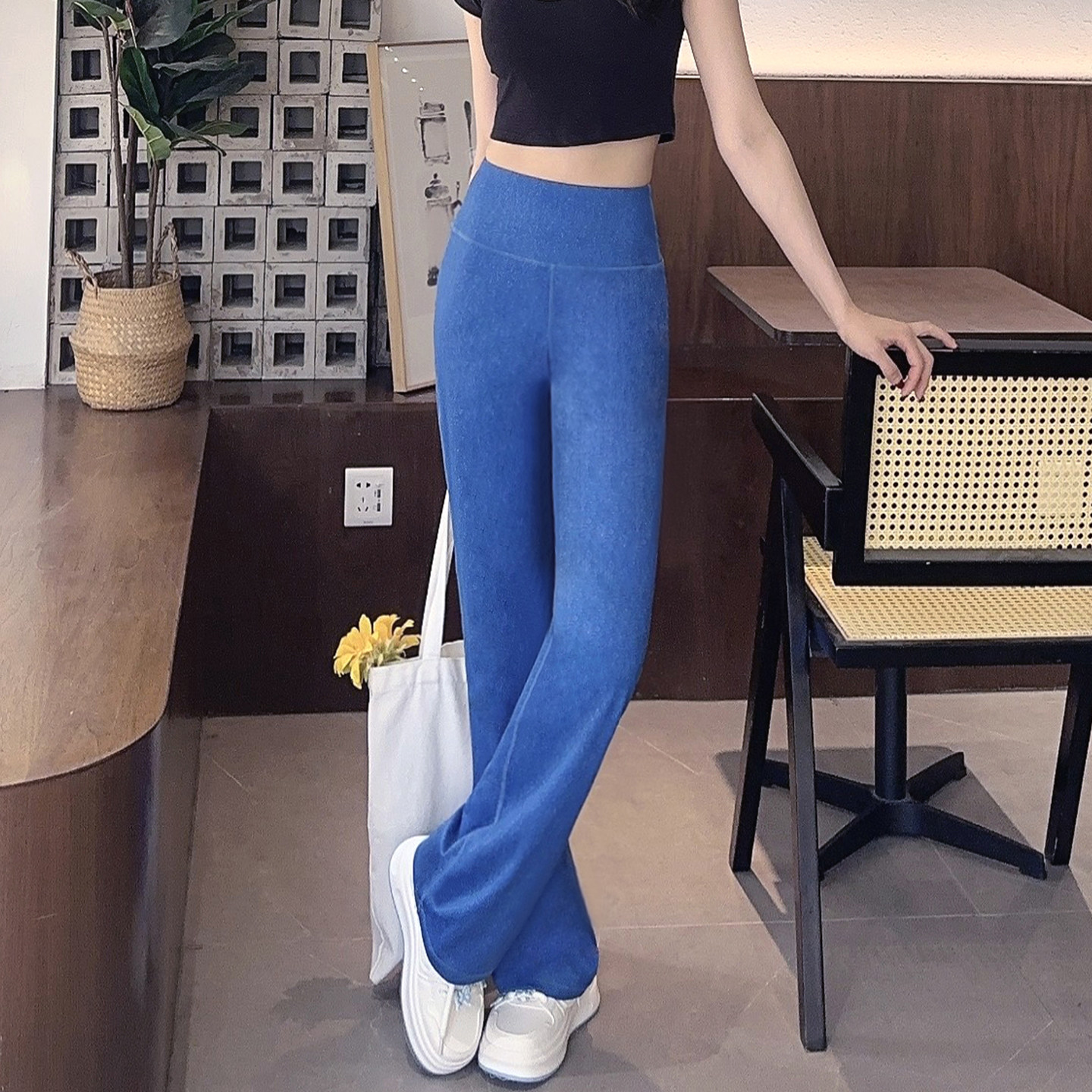 LARRMAIN高腰提臀显瘦蓝色仿牛仔纹弹力直筒裤女款垂感阔腿长裤