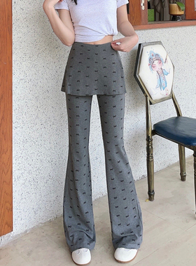 LARRMAIN美式辣妹高腰显瘦灰色蝴蝶结印花休闲裤长裤微喇裤女款
