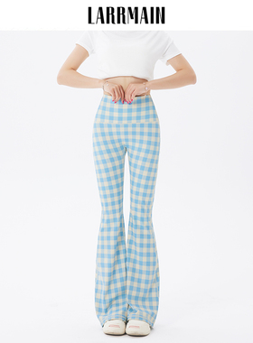 LARRMAIN美式辣妹高腰提臀蓝色格子休闲裤微喇瑜伽裤喇叭裤