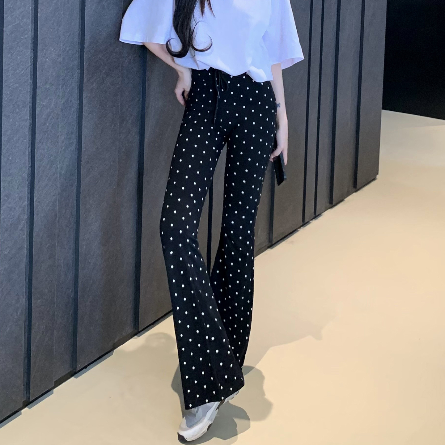 黑色波点微喇休闲裤女夏美式辣妹高个子高腰显瘦马蹄喇叭拖地裤子
