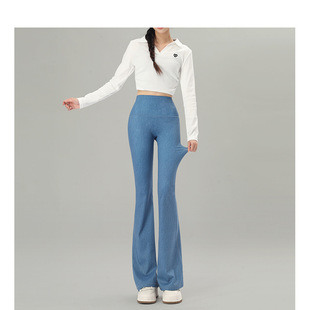 高腰提臀显瘦仿牛仔裤秋瑜伽裤微喇叭裤垂坠感女外穿长裤