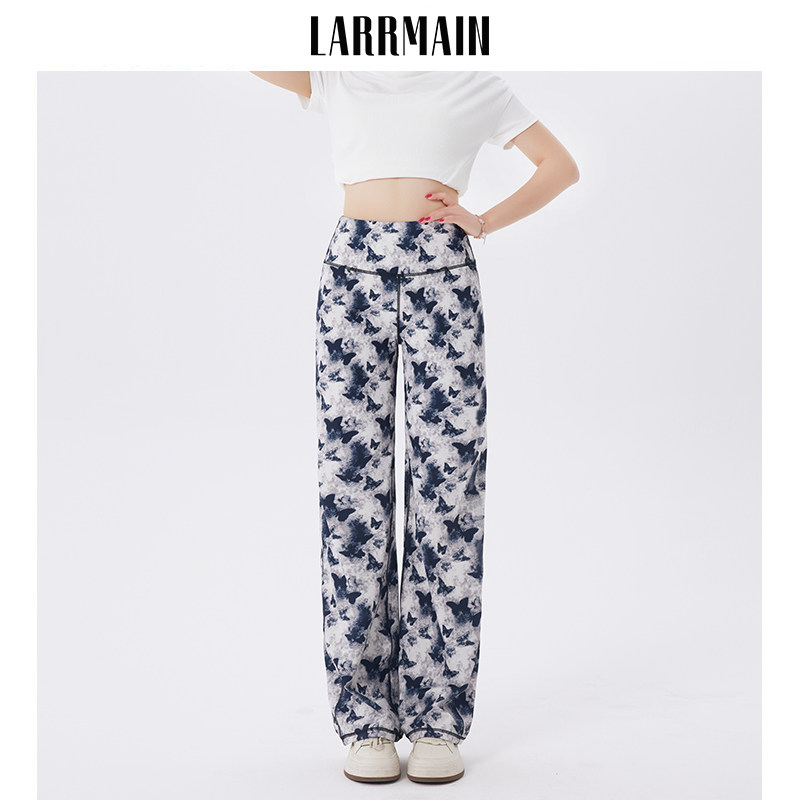 LARRMAIN高腰宽松显瘦提臀格纹休闲翻边蝴蝶印花阔腿裤女款运动裤