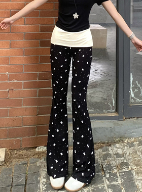 撞色蝴蝶印花假两件高腰显瘦微喇叭垂感拖地女长裤美式辣妹休闲裤