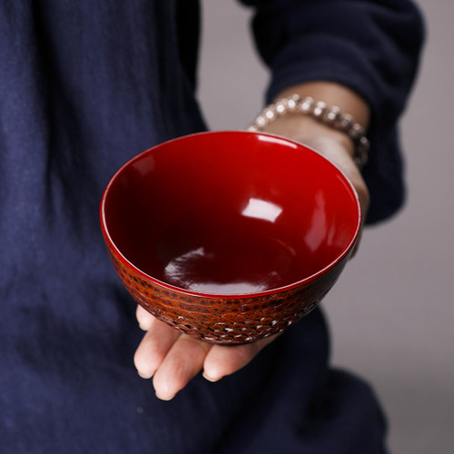 美物工坊红朱砂竹根贡碗精品大漆竹碗满钉摆件茶碗收藏供奉禅意礼