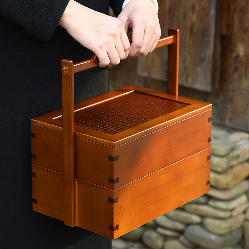 竹制食盒双层提篮提盒户外便携提篮茶具收纳盒点心篮子