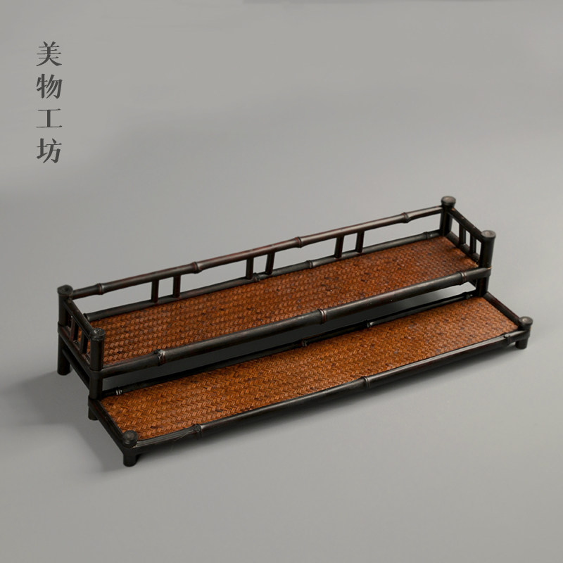 紫竹竹编席面双层杯架大漆带围栏杯托茶具收纳架茶杯展示架