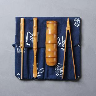 大漆竹节竹雕茶道四件套茶则茶拨茶针茶夹六君子台湾廖壹男大师