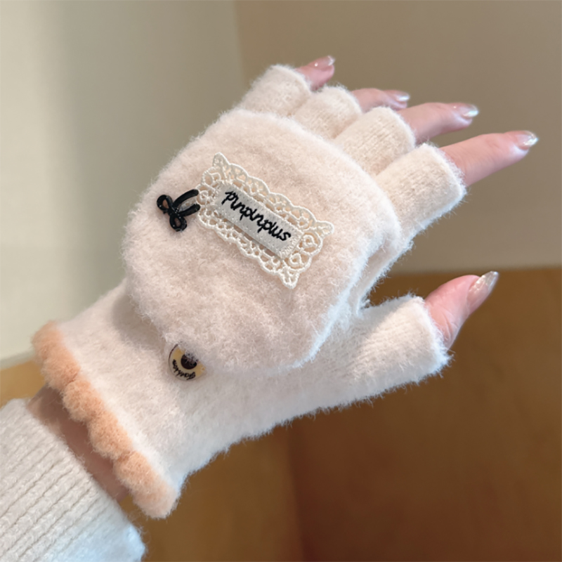 2025新款翻盖手套女冬季户外保暖两用半指学生写字毛线针织露指