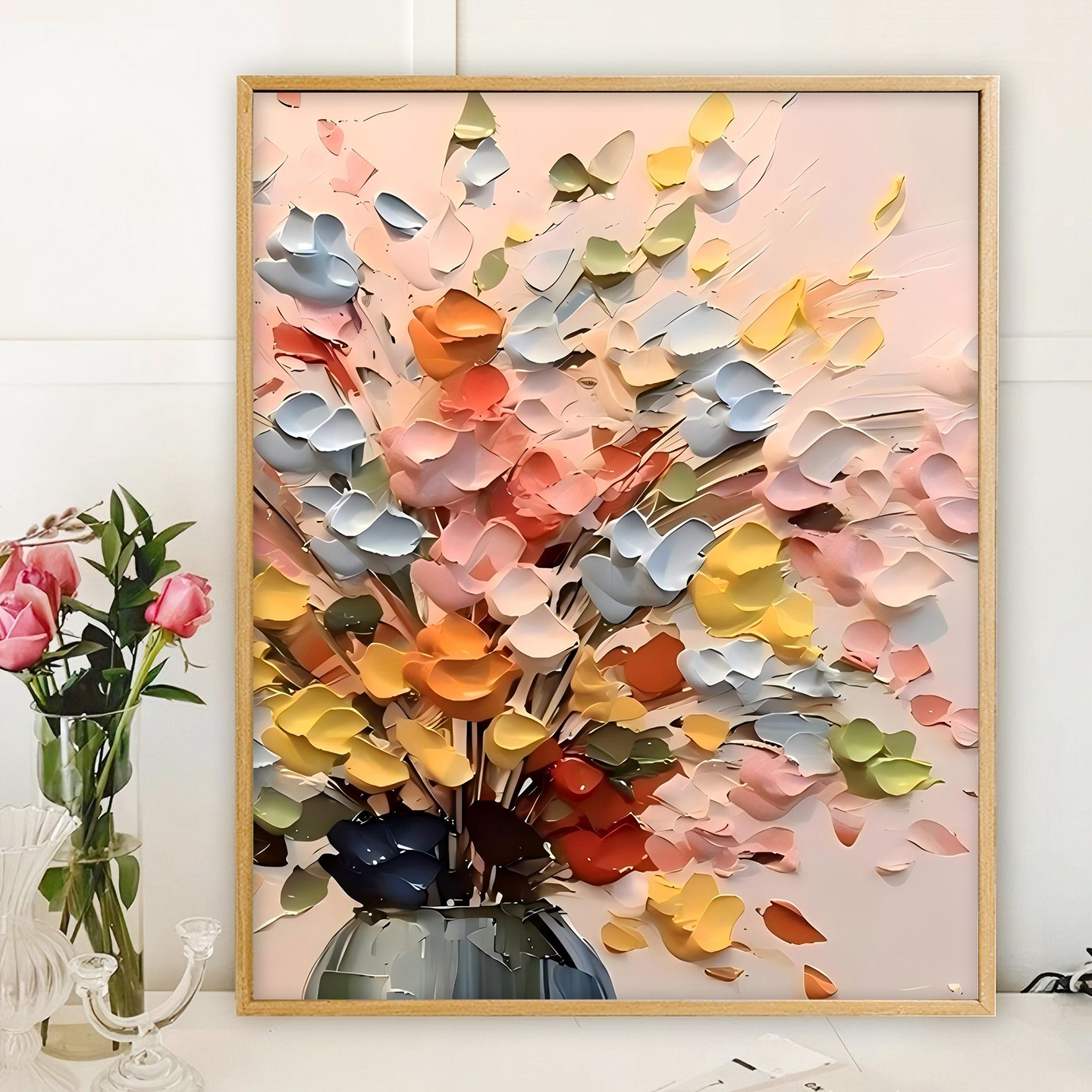 diy数字油画手绘填色肌理感装饰画花卉花束简约高级感大尺寸油画图片