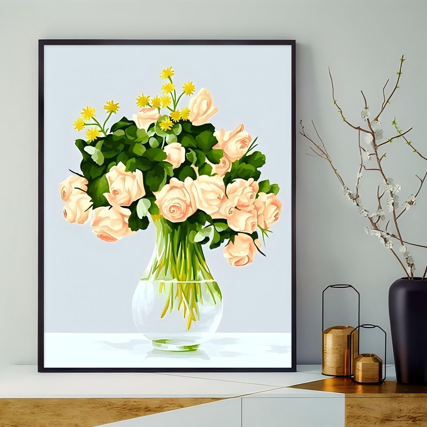 diy数字油画高级感简单轻奢玫瑰花恋恋花语治愈系解压玄关装饰画图片