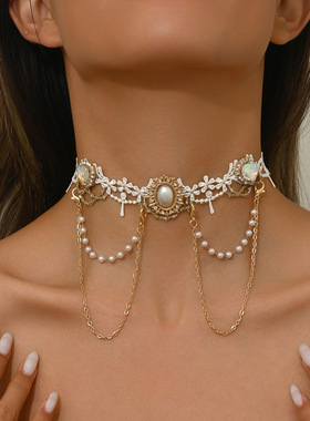 设计感choker洛丽塔白色蕾丝项链ins链条珍珠流苏水钻颈链项圈