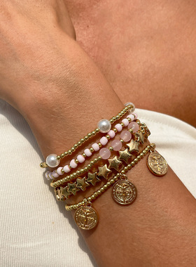 欧美跨境波西米亚ins五角星串珠弹力手链 时尚金属吊牌仿珍珠