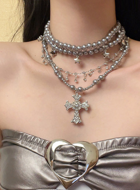 小众复古灰色珍珠十字架吊坠多层叠戴choker高级感星星流苏项链