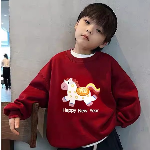 男女童加绒红色圆领卫衣马年新年