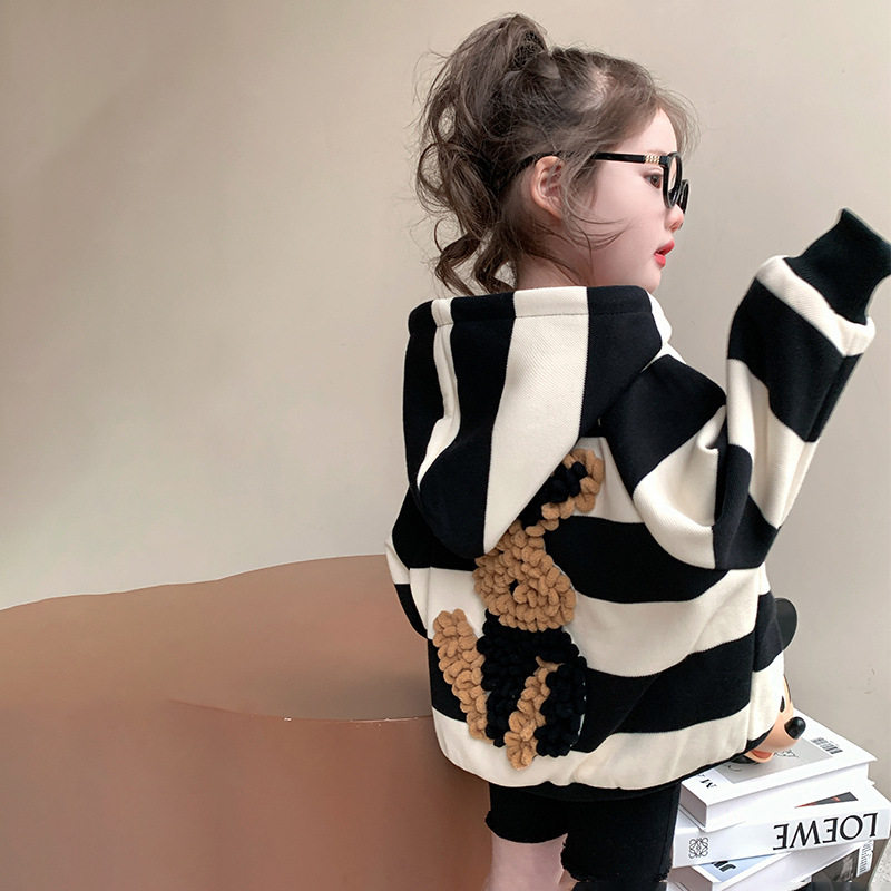 女童兔子条纹连帽外套卫衣春秋季新款韩版中小童洋气可爱长袖上衣