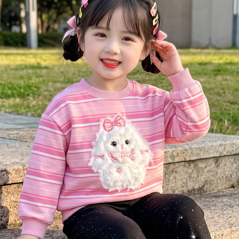 女童秋装卫衣衣条纹落肩袖贴布