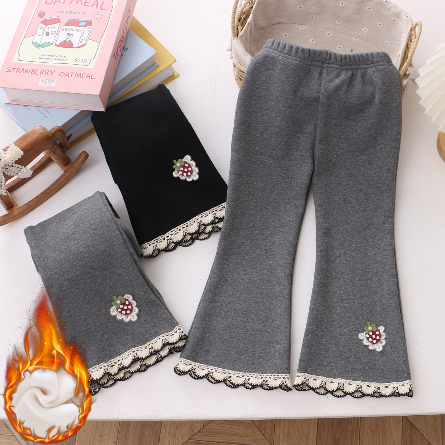 女童草莓喇叭裤子弹力洋气长裤子