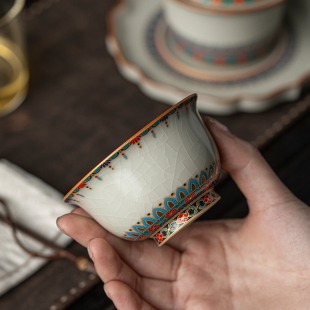 国潮故宫敦煌宝相花压手杯陶瓷主人杯单个高档茶杯品茗杯自用茶具