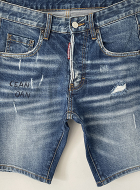 3001秋季D2短裤潮男水洗磨破洞补丁水洗多破洞修身小脚牛仔裤男