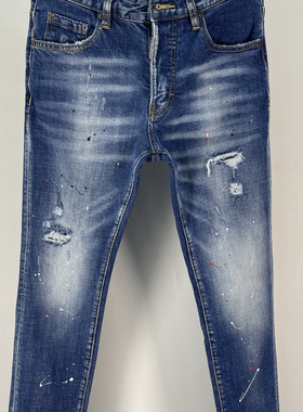 6077秋季新款D2潮男水洗磨破洞补丁油漆装饰拉链小脚蓝色牛仔裤男