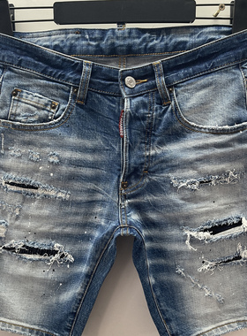 D610春夏新款D2五分裤潮男水洗字母印花修身微弹休闲蓝牛仔短裤男