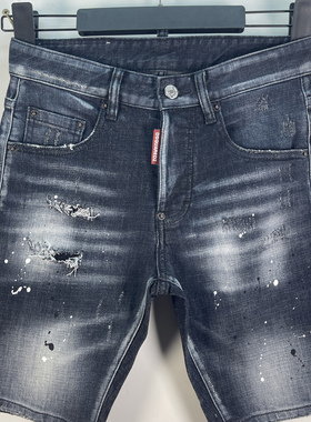 D612春夏新款D2五分裤潮男水洗磨破洞补丁油漆修身黑色牛仔短裤男