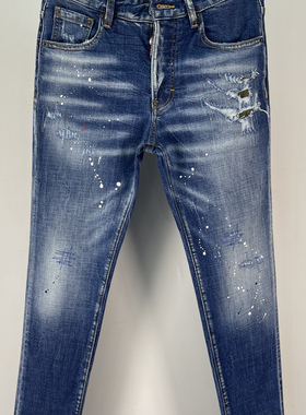 6050新款D2牛仔裤 时尚修身破洞补丁油漆破墨小脚拼接牛仔裤男