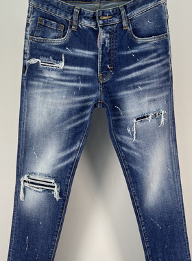 6021春夏新D2潮男水洗磨破洞补丁泼墨立体裁剪小脚深蓝色牛仔裤男