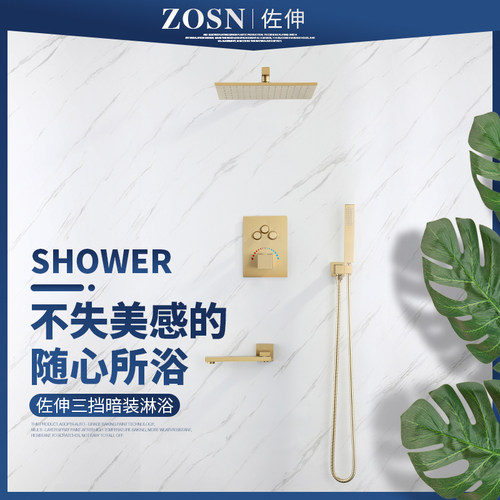 拉丝金色嵌入墙式淋浴花洒
