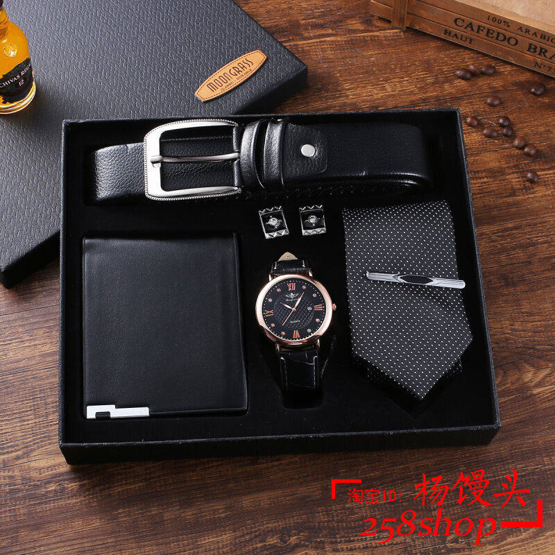 men gift set belt wallet tie quartz watch cufflinks 5pcs/set