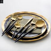 gold set steak fork black chopsticks knife spoon dinnerware