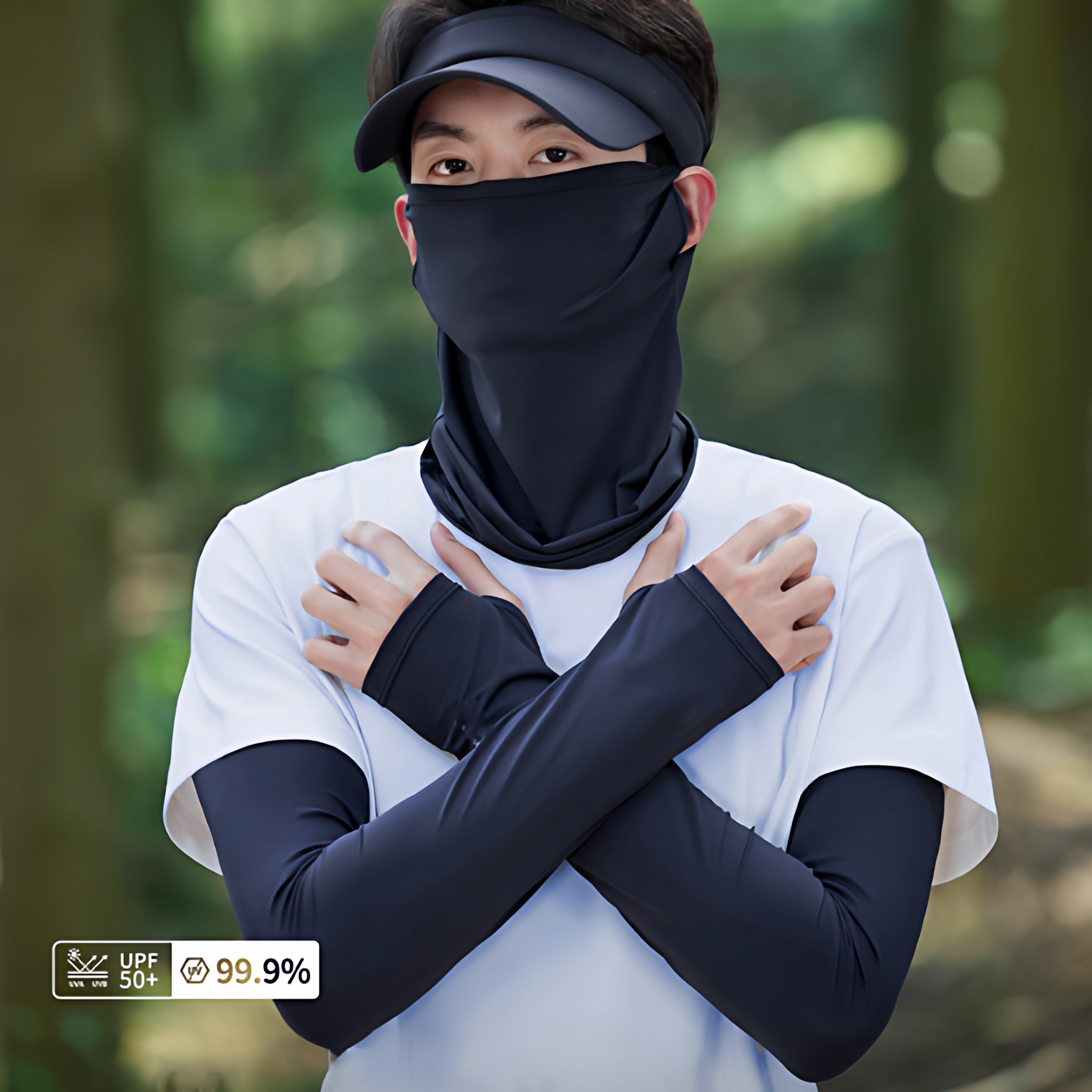 防晒面罩男士夏季冰丝防紫外线户外骑行帽子冰袖遮阳套装